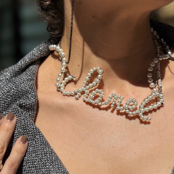 Authentic CHANEL Imitation Pearl Swirling Logo Letter Choker Necklace - Picture 2 of 10